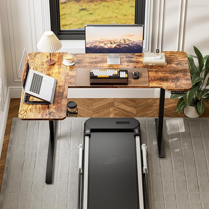 59" Reversiable L-Shaped Electric Standing Desk Adjustable Height Gaming Stand Up Corner Desk Sit Stand Home Office Computer Desk with Splice Board,Rustic Brown Top - LeafyLoom