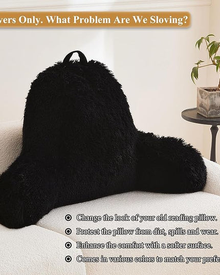 XeGe Faux Fur Reading Pillow Cover (No Filler), Fluffy Backrest Pillow Case for Sitting in Bed, Adults Kids Shaggy Sit Up Back Support Study Pillow Cover for Couch Chair Home Decoration, Black - LeafyLoom
