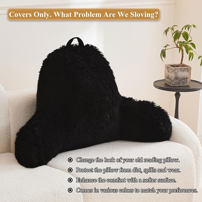 XeGe Faux Fur Reading Pillow Cover (No Filler), Fluffy Backrest Pillow Case for Sitting in Bed, Adults Kids Shaggy Sit Up Back Support Study Pillow Cover for Couch Chair Home Decoration, Black - LeafyLoom