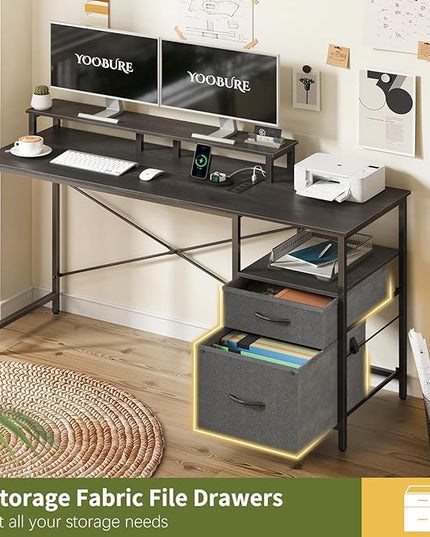 Yoobure Computer Desk, Gaming Desk with LED Lights & Power Outlets, Office Desk with Fabric File Cabinets, 55.1" Gaming Table with Long Monitor Stand, PC Gamer Desk with Drawers for Home office, Grey - LeafyLoom