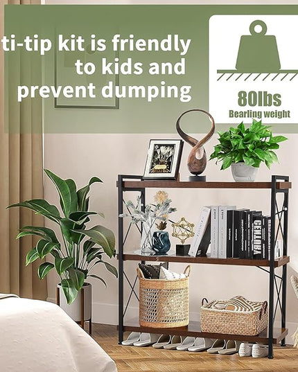 Small Shelf Industrial Bookshelf,3-Tier Wood Short Book Shelf Office Shelves with Metal Frame,Rustic Bookshelves Open Shelf Bookcase for Bedroom,Living Room,Office Home(Berry Brown) - LeafyLoom