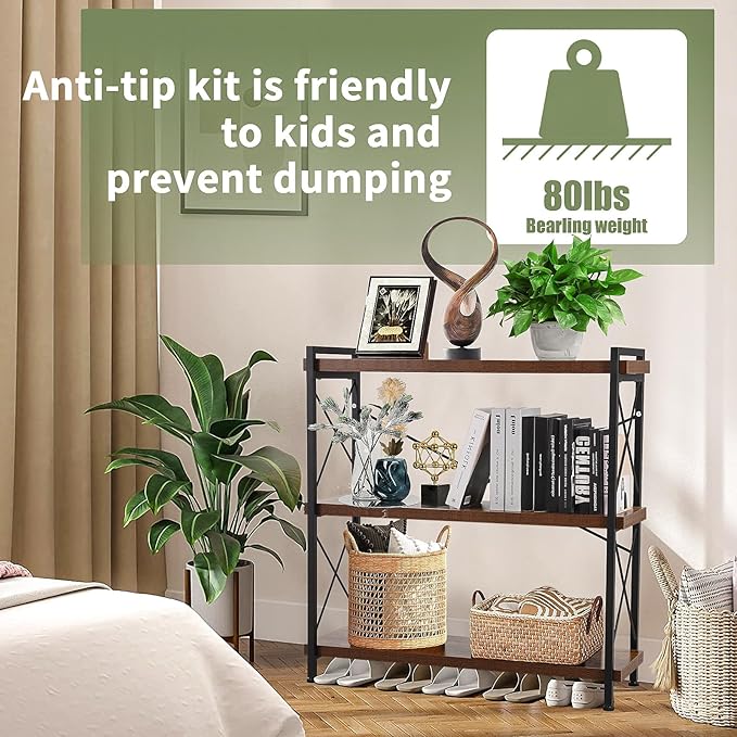 Small Shelf Industrial Bookshelf,3-Tier Wood Short Book Shelf Office Shelves with Metal Frame,Rustic Bookshelves Open Shelf Bookcase for Bedroom,Living Room,Office Home(Berry Brown) - LeafyLoom