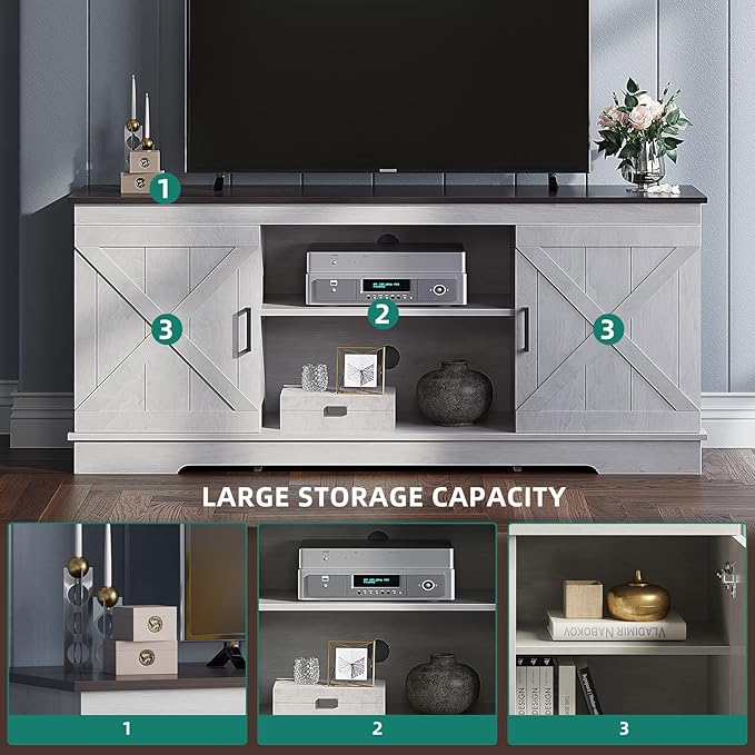 YITAHOME TV Stand for 65 Inch TV, Farmhouse Entertainment Center with Double Barn Doors and Storage Cabinets, Rustic TV Cabinet Media Console Table for Living Room, 59 Inch, Grey White/Espresso - LeafyLoom
