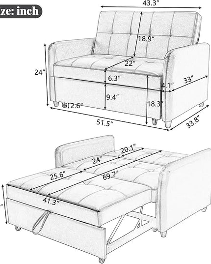 3 in 1 Convertible Sleeper Sofa, Modern Faux Leather Futon Loveseat Couch Pullout Dual USB Ports and Pillows, Love Seat Lounge Sofá Bed for Living Room Small Space, Brown 51.5" - LeafyLoom