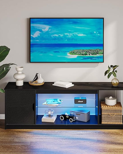 Bestier Led Entertainment Center for PS5, Gaming TV Stand with Cabinet for 60/65 Inch TV, Modern TV Console with Adjustable Glass Shelf for Living Room Easy Assembly Carbon Fiber Black - LeafyLoom