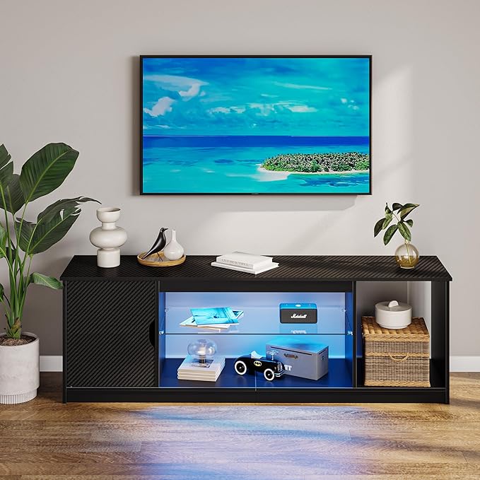 Bestier Led Entertainment Center for PS5, Gaming TV Stand with Cabinet for 60/65 Inch TV, Modern TV Console with Adjustable Glass Shelf for Living Room Easy Assembly Carbon Fiber Black - LeafyLoom