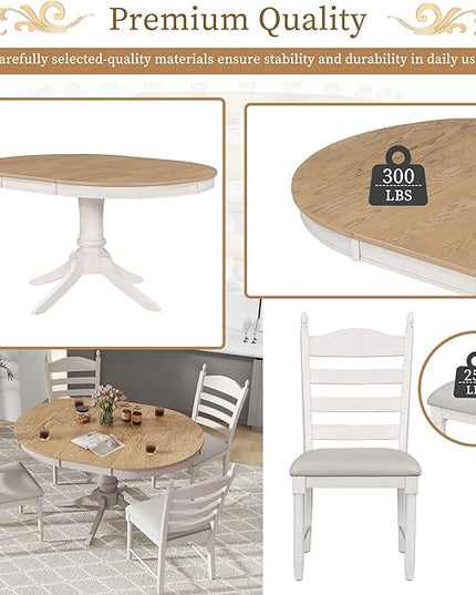 NicBex Round Dining Table Kitchen & Dining Room Tables 5-Piece Retro Functional Dining Table Set Wood Round Extendable Dining Table and 4 Upholstered Dining Chairs, Off White - LeafyLoom
