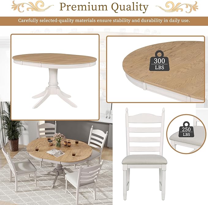 5 Pieces Kitchen & Dining 4 with Round Extendable Table and Four Upholstered Chairs, Retro Rustic Style Home Furniture Tαble Sets Breakfast Corner for Small Spaces, Living Room, White - LeafyLoom
