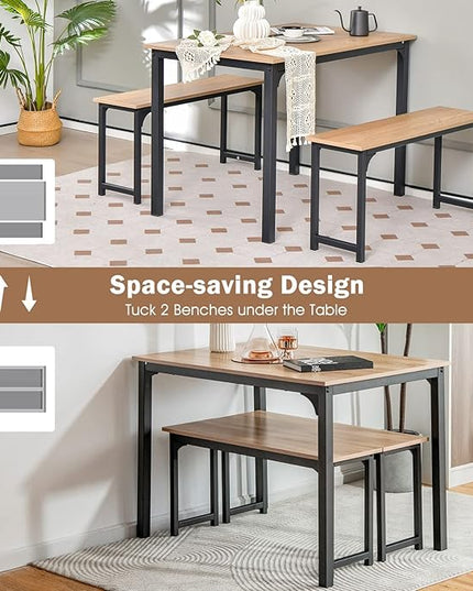 KOTEK Dining Table Set for 4, Modern Kitchen Table Set with 2 Benches, 3 Piece Dining Table and Bench Set for Small Space, 4-Person Dinette Set for Kitchen, Dining Room (Natural) - LeafyLoom