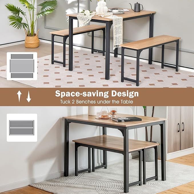 KOTEK Dining Table Set for 4, Modern Kitchen Table Set with 2 Benches, 3 Piece Dining Table and Bench Set for Small Space, 4-Person Dinette Set for Kitchen, Dining Room (Natural) - LeafyLoom