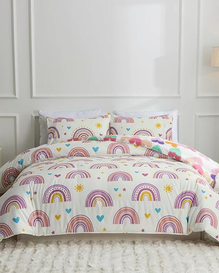 Btargot Lightweight Soft 3 Piece Rainbow Comforter Set with 2 Pillow Covers, Cartoon Love Hearts Suns and Stars Bedding Set for Girls Boys Kids, Queen Purple - LeafyLoom