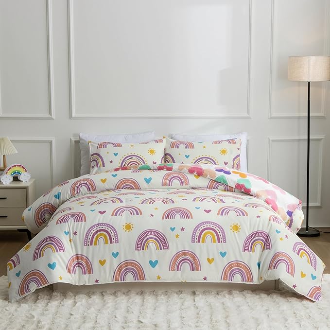 Btargot Lightweight Soft 3 Piece Rainbow Comforter Set with 2 Pillow Covers, Cartoon Love Hearts Suns and Stars Bedding Set for Girls Boys Kids, Queen Purple - LeafyLoom