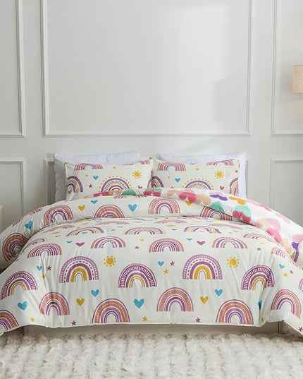 Btargot Lightweight Soft 3 Piece Rainbow Comforter Set with 2 Pillow Covers, Cartoon Love Hearts Suns and Stars Bedding Set for Girls Boys Kids, Full Purple - LeafyLoom