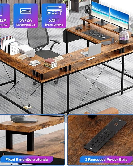 U Shaped Computer Gaming Desk, Reversible L Shaped Desk with Power Outlets, LED Strip & Monitor Stand, Large Corner Desk with Storage Shelves for Home Office, Rustic Brown - LeafyLoom
