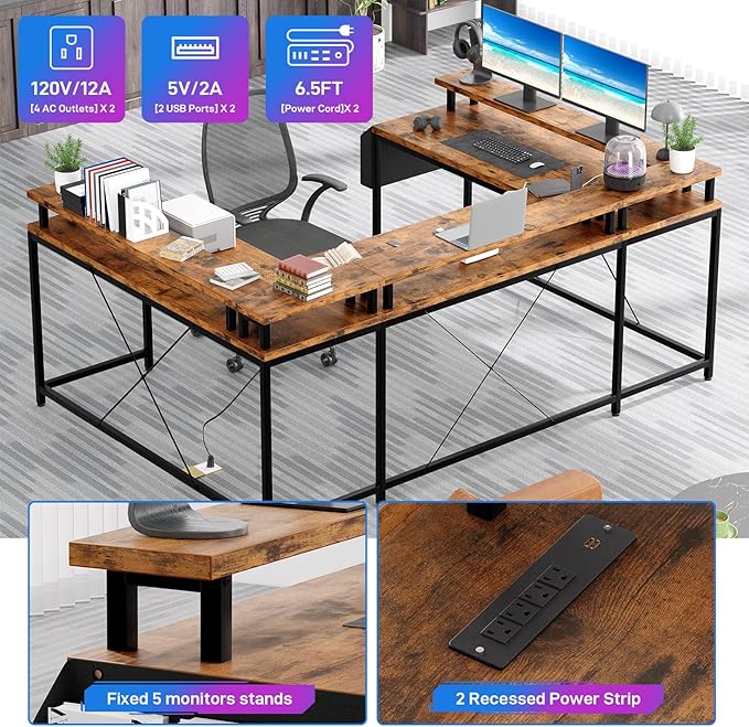 U Shaped Computer Gaming Desk, Reversible L Shaped Desk with Power Outlets, LED Strip & Monitor Stand, Large Corner Desk with Storage Shelves for Home Office, Rustic Brown - LeafyLoom