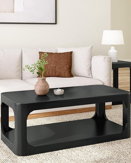 Plank+Beam Forma Coffee Table, Solid Wood 48 Inch Modern Coffee Table with Shelf, Contemporary Center Table with Storage Space, Rectangle Tea Table with Storage, Black - LeafyLoom