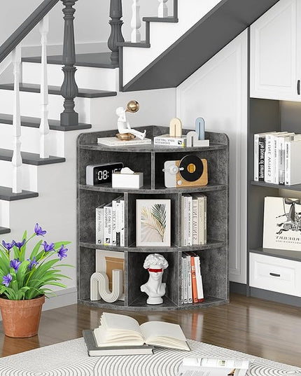 VECELO 3-Tier Corner Cabinet,Wooden Cube Storage Organizer with 8 Cubbies, Modern Bookshelf Units for Playroom, Bedroom, Living Room, Grey - LeafyLoom