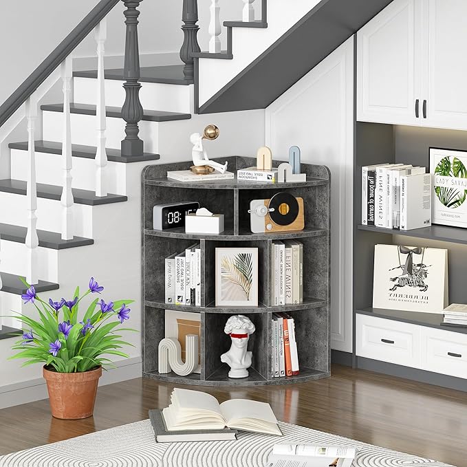 VECELO 3-Tier Corner Cabinet,Wooden Cube Storage Organizer with 8 Cubbies, Modern Bookshelf Units for Playroom, Bedroom, Living Room, Grey - LeafyLoom