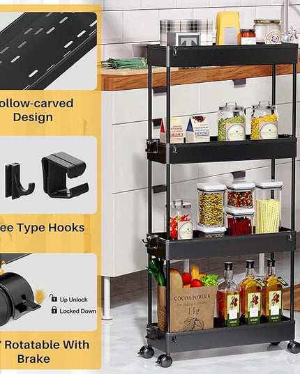 SPACEKEEPER Slim Rolling Storage Cart 4 Tier Organizer Mobile Shelving Unit Utility Cart Tower Rack for Kitchen Bathroom Laundry Narrow Places, Black - LeafyLoom