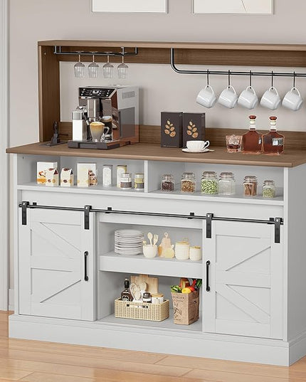 YITAHOME 52" Farmhouse Buffet Cabinet with Storage, Sliding Barn Door, Sideboard Cabinet with Goblet Holder, 5 Hooks and Power Outlets, Coffee Bar Cabinet for Kitchen, Living Room (White) - LeafyLoom