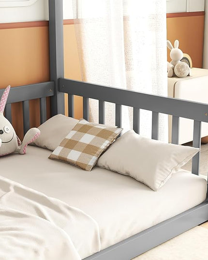 Twin Size Canopy Bed Frame with Guardrails for Kids,Floor Bed Twin with Four Poster Design,Kids Montessori Floor Bed,Wood Canopy Bed Frame for Girls,Boys(Twin,Grey) - LeafyLoom