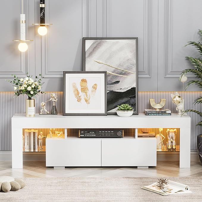 YESHOMY Modern LED TV Stand for Televisions up to 70 Inch with Glass Shelves and Drawer, Gaming Entertainment Center with Multiple Dynamic RGB Modes, for Livingroom, Bedroom, 60 Inch, White - LeafyLoom