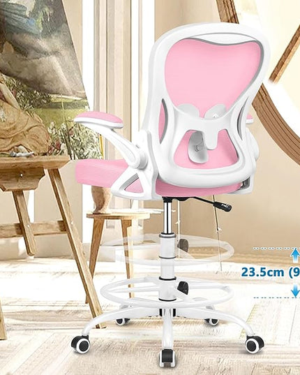 Drafting Chair, Tall Office Chair Ergonomic Standing Desk chair, Lumbar Support Computer Chair Swivel Task Rolling Chair with Adjustable Flip-up Armrests & Foot Ring (Pink) - LeafyLoom