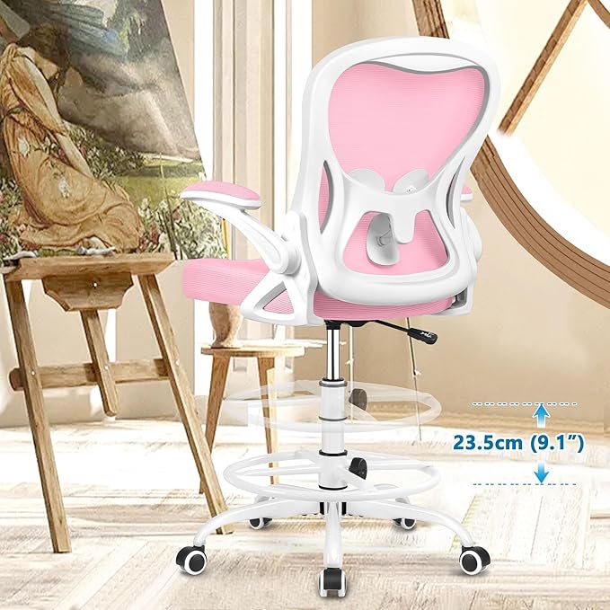 Drafting Chair, Tall Office Chair Ergonomic Standing Desk chair, Lumbar Support Computer Chair Swivel Task Rolling Chair with Adjustable Flip-up Armrests & Foot Ring (Pink) - LeafyLoom