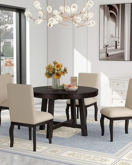 5-Piece Farmhouse Set with Wood Round Extendable Dining-Table and 4 Upholstered Chairs, for Diningroom, Living Room, and Kitchen, Espresso - LeafyLoom