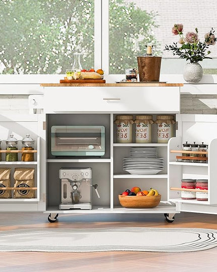 Island with Storage, Rolling Kitchen Cart on Wheels w/Drop Leaf, Internal Cabinet, Adjustable Shelf Towel Rack and Rubber Wood Countertop, for Dining Room, Home, White, 39 Inch - LeafyLoom