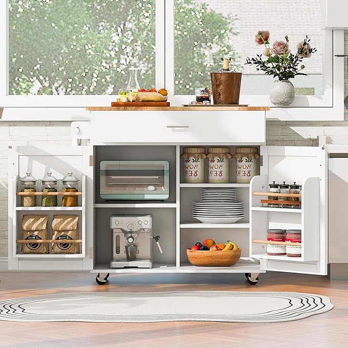 Island with Storage, Rolling Kitchen Cart on Wheels w/Drop Leaf, Internal Cabinet, Adjustable Shelf Towel Rack and Rubber Wood Countertop, for Dining Room, Home, White, 39 Inch - LeafyLoom