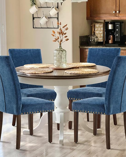 COLAMY Upholstered Parsons Dining Chairs Set of 4, Fabric Dining Room Kitchen Side Chair with Nailhead Trim and Wood Legs - Dark Blue - LeafyLoom