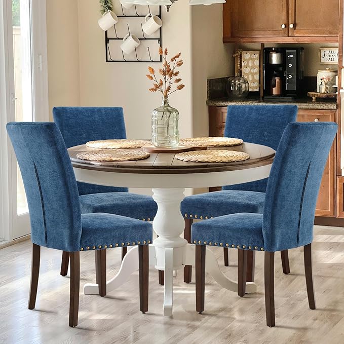 COLAMY Upholstered Parsons Dining Chairs Set of 4, Fabric Dining Room Kitchen Side Chair with Nailhead Trim and Wood Legs - Dark Blue - LeafyLoom