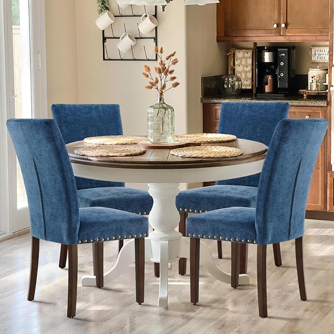 COLAMY Upholstered Parsons Dining Chairs Set of 4, Fabric Dining Room Kitchen Side Chair with Nailhead Trim and Wood Legs - Dark Blue - LeafyLoom