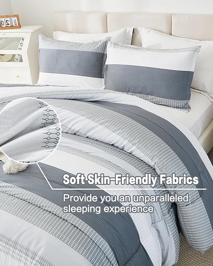 Litanika Comforter Full Size Bed Set Light Grey - 3 Pieces Lightweight Gray White Colorblock Stripe Fluffy Bedding Comforter Sets, All Season Bed Set - LeafyLoom