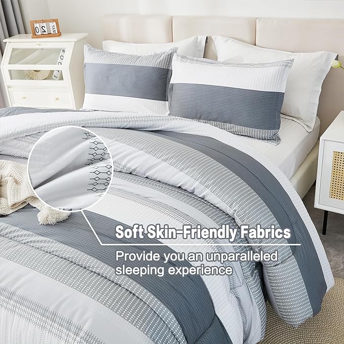Litanika Twin/Twin XL Comforter Set Dorm Bedding Grey, 2 Pieces Twin Extra Long Comforter & Sets Light Gray White Colorblock Stripe, All Season Bed Set - LeafyLoom