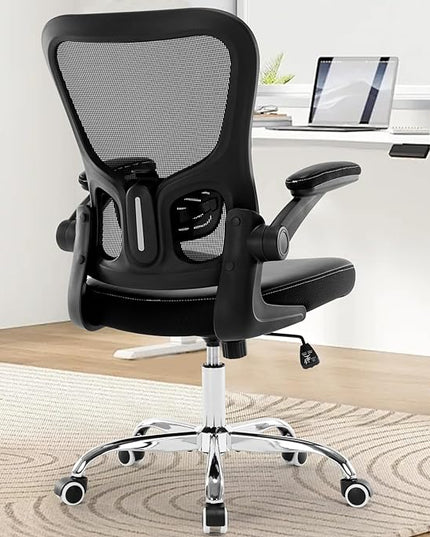 Office Chair, Ergonomic Desk Chair, PU Leather Padded Computer Chairs, Mesh Executive Chair with Lumbar Support Flip up Arms, Adjustable Height Home Task Swivel Rolling Chair,Black - LeafyLoom