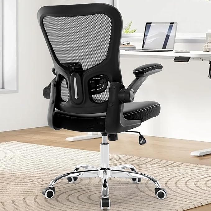 Office Chair, Ergonomic Desk Chair, PU Leather Padded Computer Chairs, Mesh Executive Chair with Lumbar Support Flip up Arms, Adjustable Height Home Task Swivel Rolling Chair,Black - LeafyLoom