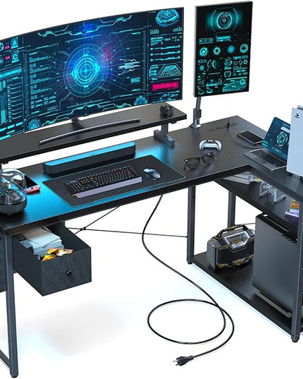 L Shaped Gaming Desk, 55 Inch Computer Desk with Adjustable Stand & RGB Lights, Corner Desk for Power Outlet, Carbon Fiber Texture, Gaming Room - LeafyLoom