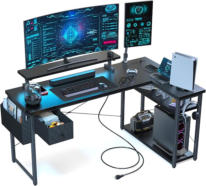 L Shaped Gaming Desk, 55 Inch Computer Desk with Adjustable Stand & RGB Lights, Corner Desk for Power Outlet, Carbon Fiber Texture, Gaming Room - LeafyLoom