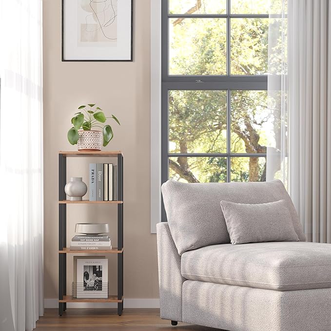 TUTOTAK Bookshelf, 4-Tier Tall Book Shelf, Narrow Bookcase for Small Space, DIY Stackable Bookshelf, for Living Room, Office, Study, Entryway, Industrial, Rustic Brown BS01BB004 - LeafyLoom