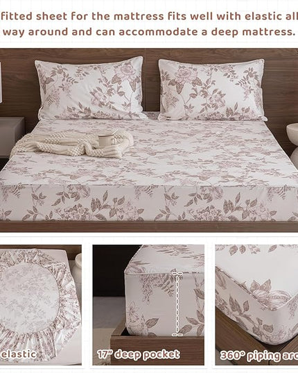 QSH Floral Egyptian Cotton Sheets King Size - Flower Bedding Sheets Botanical Pattern Printed Bedding King Size Bed Sheets 17.5" Extra Deep Pocket 4pcs - LeafyLoom