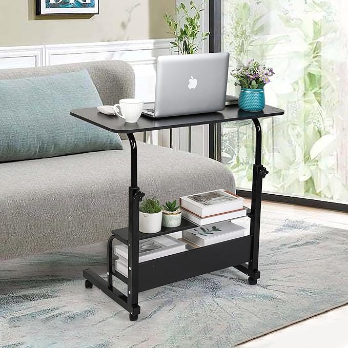 Adjustable Mobile Laptop Desk Portable Detachable Wheels Home Office Desk Height, Bedside Table Additional Storage Rack Small Spaces Veranda Office Desk Size 15.7 * 31.5 Inch Black - LeafyLoom