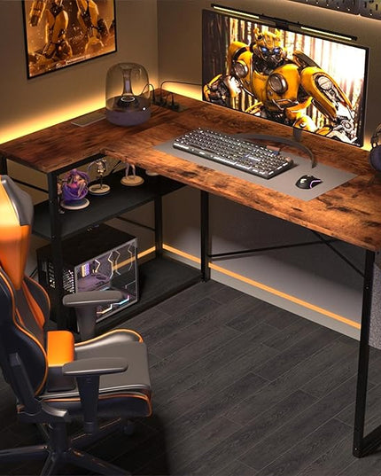 Small Computer Desk with Power Outlets, 40 Inch L Shaped Desk with Reversible Shelves, Gaming Desk Corner Desk Study Writing Desk for Home Office Bedroom Small Space, Rustic Brown - LeafyLoom