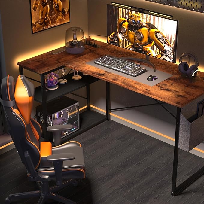 Small Computer Desk with Power Outlets, 40 Inch L Shaped Desk with Reversible Shelves, Gaming Desk Corner Desk Study Writing Desk for Home Office Bedroom Small Space, Rustic Brown - LeafyLoom
