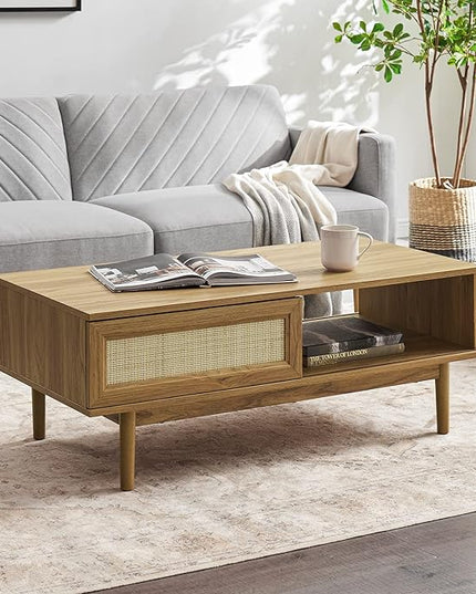 mopio Haylee Coffee Table, Modern Boho Farmhouse Small Coffee Table with Storage, Natural Rattan Living Room Tables, Center Table (Rattan (Oak) - LeafyLoom