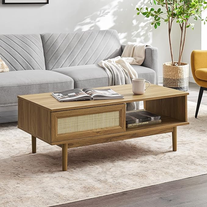 mopio Haylee Coffee Table, Modern Boho Farmhouse Small Coffee Table with Storage, Natural Rattan Living Room Tables, Center Table (Rattan (Oak) - LeafyLoom