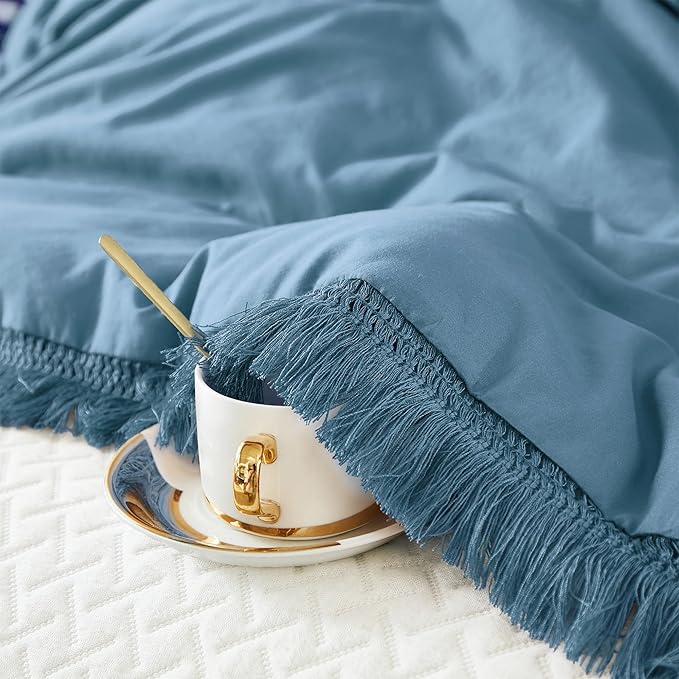 Litanika Grayish Blue Comforter Queen Set, Boho Tassel Comforter Aesthetic 3 Pieces, Lightweight Fringe Microfiber Bedding Set for All Season(1 Comforter 90x90 inch, 2 Pillowcases) - LeafyLoom