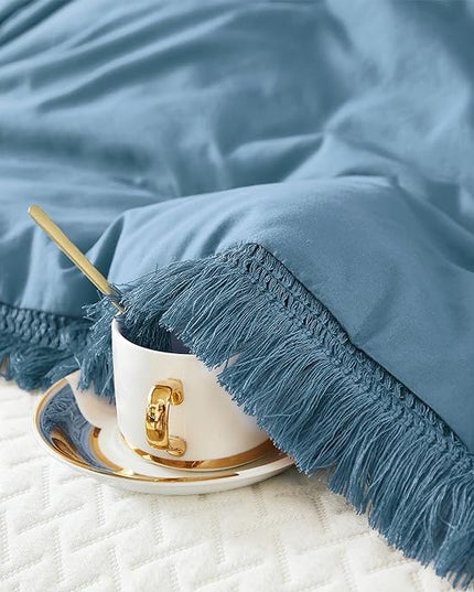 Litanika Grayish Blue King Size Comforter Set, Boho Tassel Comforter Aesthetic 3 Pieces, Lightweight Fringe Microfiber Bedding Set for All Season(1 Comforter 104x90 inch, 2 Pillowcases) - LeafyLoom