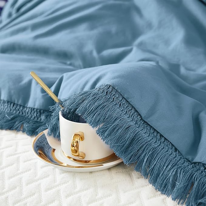 Litanika Grayish Blue King Size Comforter Set, Boho Tassel Comforter Aesthetic 3 Pieces, Lightweight Fringe Microfiber Bedding Set for All Season(1 Comforter 104x90 inch, 2 Pillowcases) - LeafyLoom